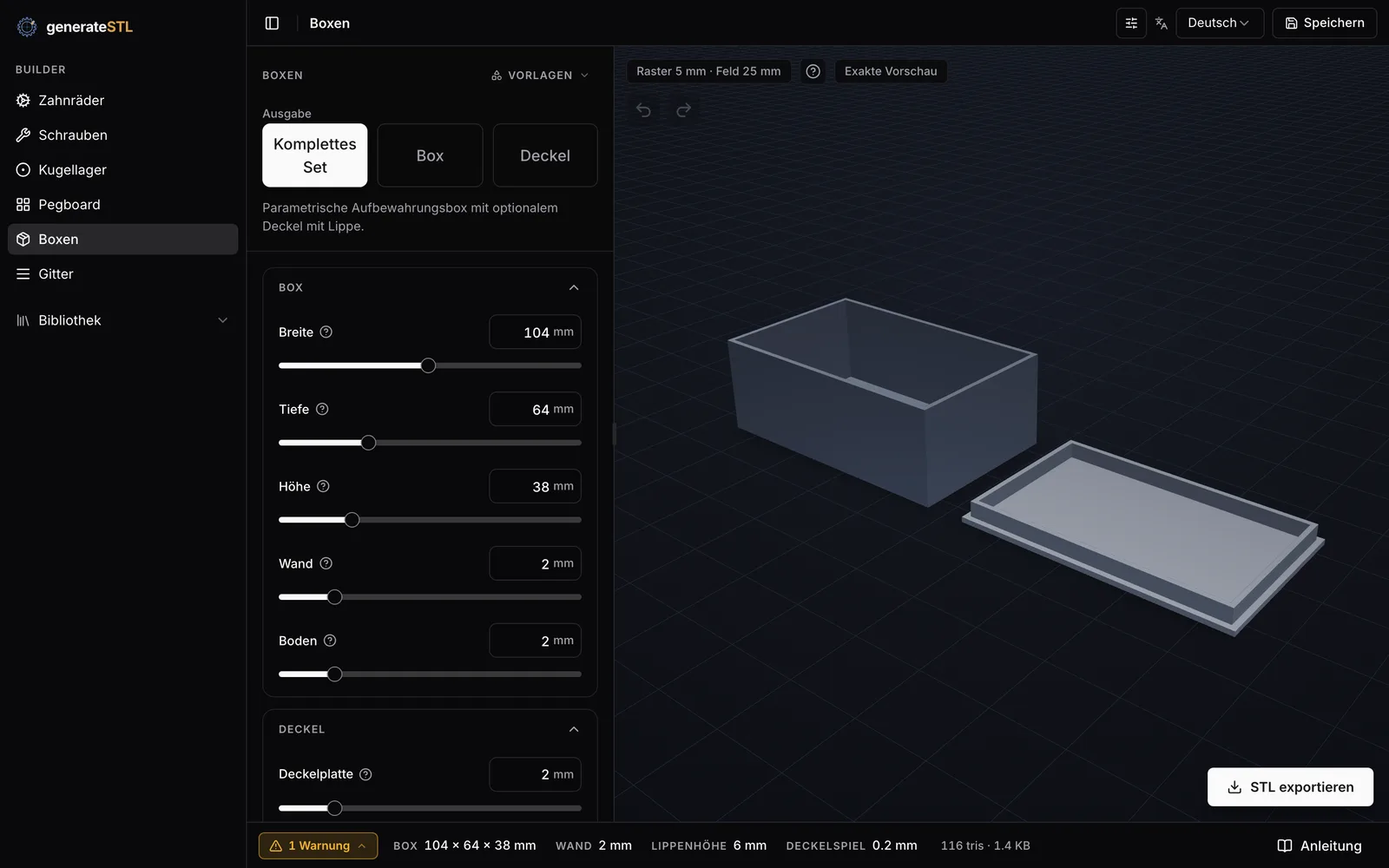 Deutsche Bedienung des Box-Generators mit den Beispielwerten: Breite 104, Tiefe 64, Höhe 38 mm, Wand und Boden je 2 mm, daneben die 3D-Vorschau von Körper und Deckel.