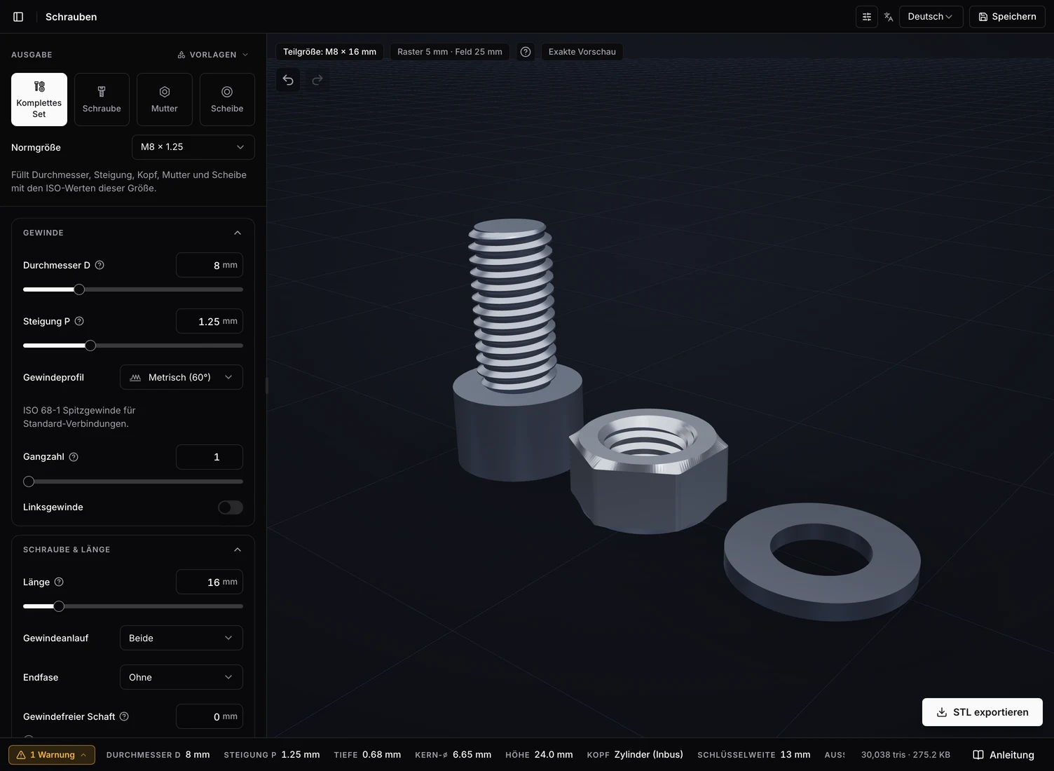 M8-Rezept im Schrauben-Builder: Stange mit Sechskantmutter und Scheibe in der exakten 3D-Vorschau, links die Parameter 8 mm Durchmesser und 1,25 mm Steigung