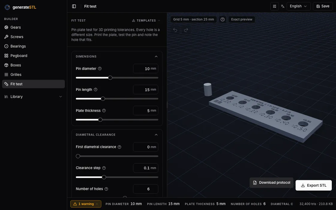 Screenshot of the GenerateSTL fit test generator showing the pin and labeled hole plate, dimension controls and 3D preview