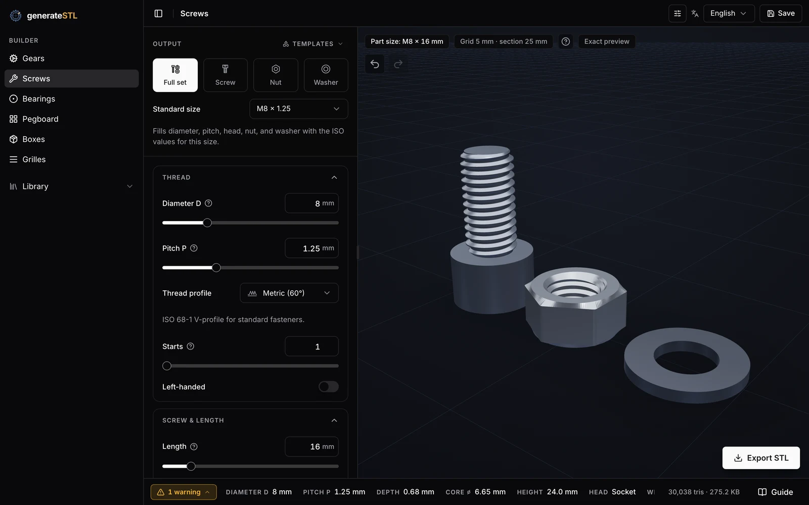 GenerateSTL screw builder with the M8 x 1.25 recipe loaded: the viewer shows a socket head screw with its hex nut and washer beside the parameter panel, which reads diameter 8 mm, pitch 1.25 mm, one start, the left-handed switch off and a 16 mm length