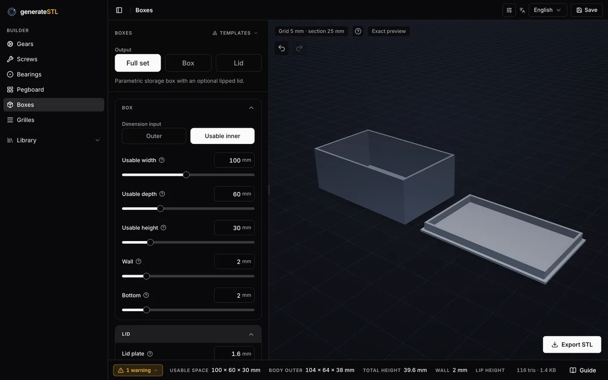 Box builder with Usable inner selected for the 100 by 60 by 30 mm example and a preview of the separate body and lid