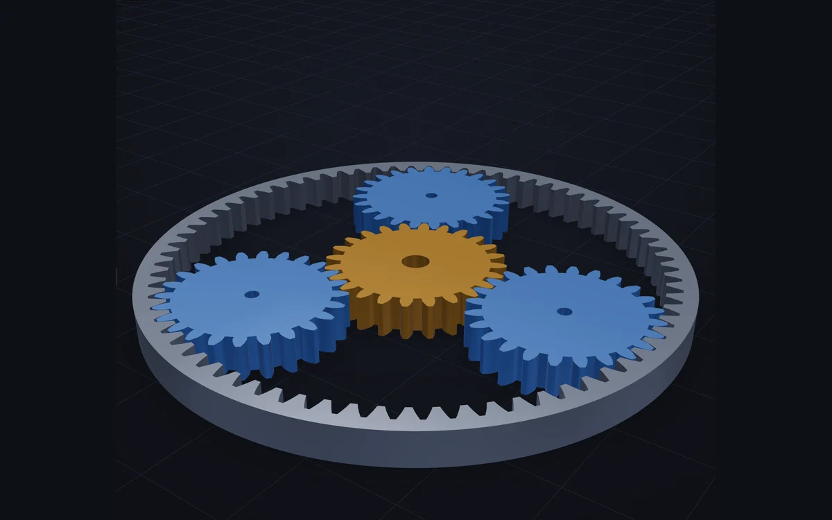Browser capture of the real 3D preview for the 24/24/72 recipe: a gold 24 tooth sun gear with three blue 24 tooth planets around it and a grey 72 tooth internal ring gear.