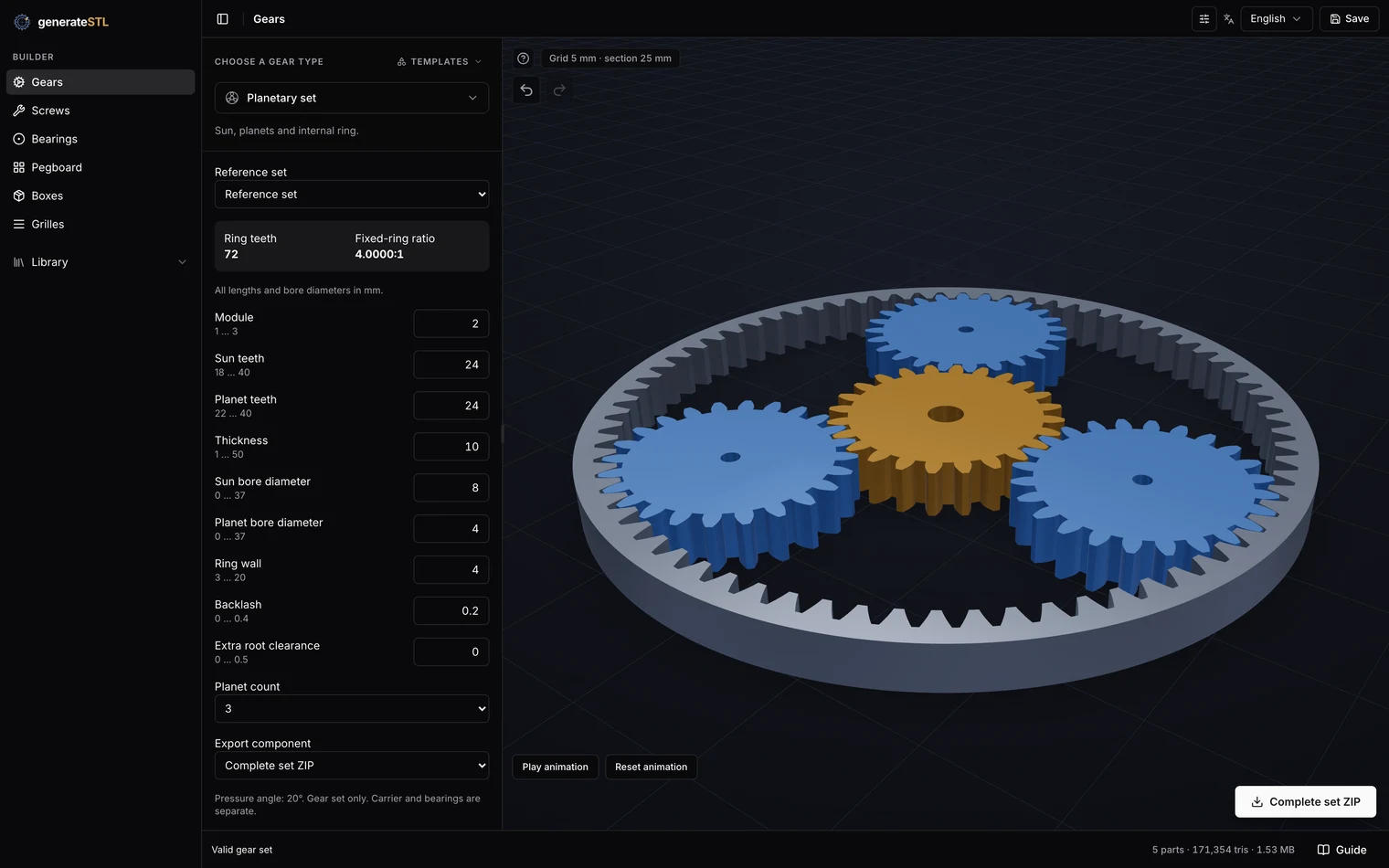 GenerateSTL gear generator with the 24/24/72 planetary preset applied, the sun, three planets and the ring in the live viewer and the derived ring teeth 72 and ratio 4.0000:1 in the parameter panel