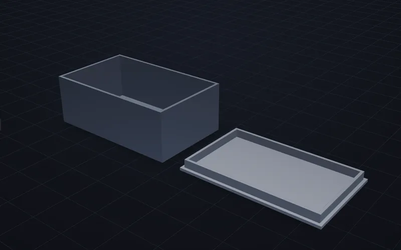 Generierte 3D-Ansicht des Beispiels: offener Körper 104 × 64 × 38 mm mit dem Deckel daneben
