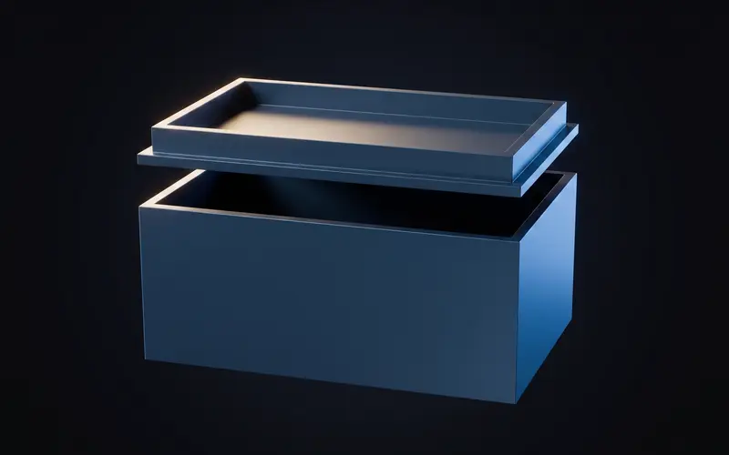An open parametric storage box with thin walls and its lid floating above it