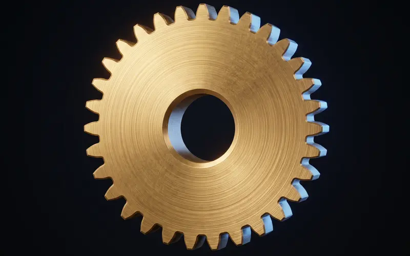 A single 30 tooth brass spur gear seen face on, ready to import into CAD as a solid body