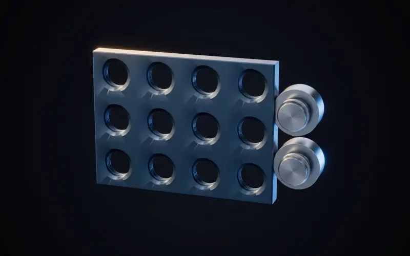 A pegboard panel with a grid of threaded holes and two matching pegboard screws