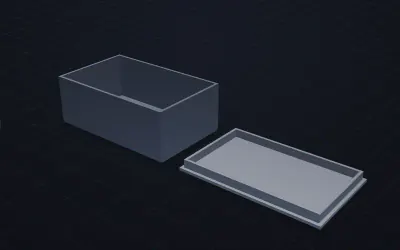 Generierte 3D-Ansicht des Beispiels: offener Körper 104 × 64 × 38 mm mit dem Deckel daneben