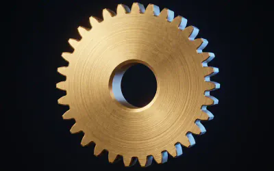 A single 30 tooth brass spur gear seen face on, ready to import into CAD as a solid body