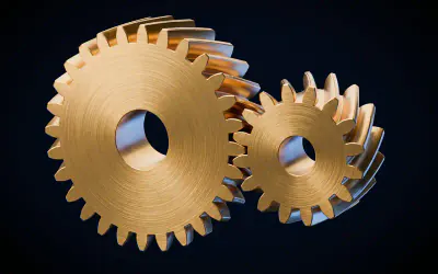 A meshing helical gear pair with slanted teeth, 28 and 16 teeth at a 22 degree helix angle