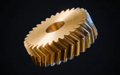 A brass herringbone gear whose double helix teeth meet in a sharp V around the rim