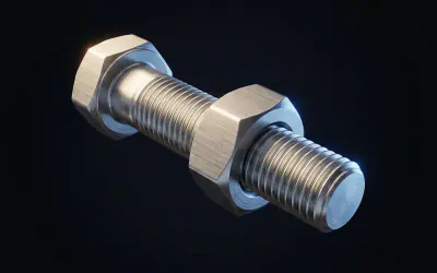 A hex head bolt with its nut threaded halfway down the shank