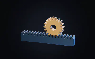 A gear rack with straight teeth and a brass pinion meshed on top, turning rotation into linear motion