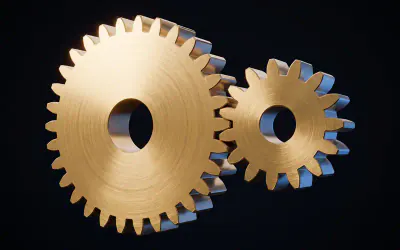 Two meshing brass spur gears, a 30 tooth wheel driving a 15 tooth pinion at module 2