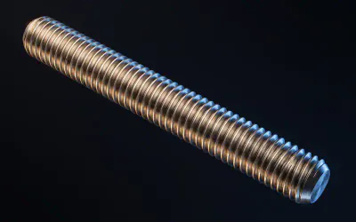 Close-up of a metric threaded rod showing the ISO thread crests and the pitch