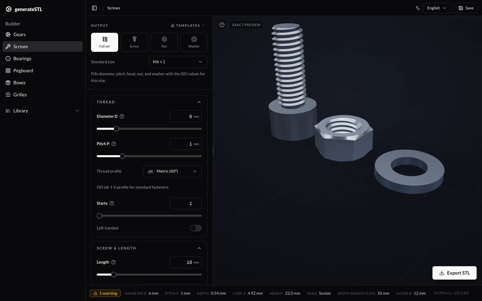 The screw builder with thread parameters and a live rendered M6 set of screw, nut and washer in the 3D viewer