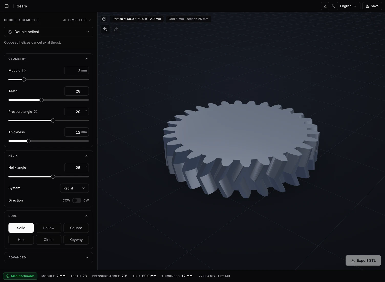 Herringbone gear in the GenerateSTL viewer
