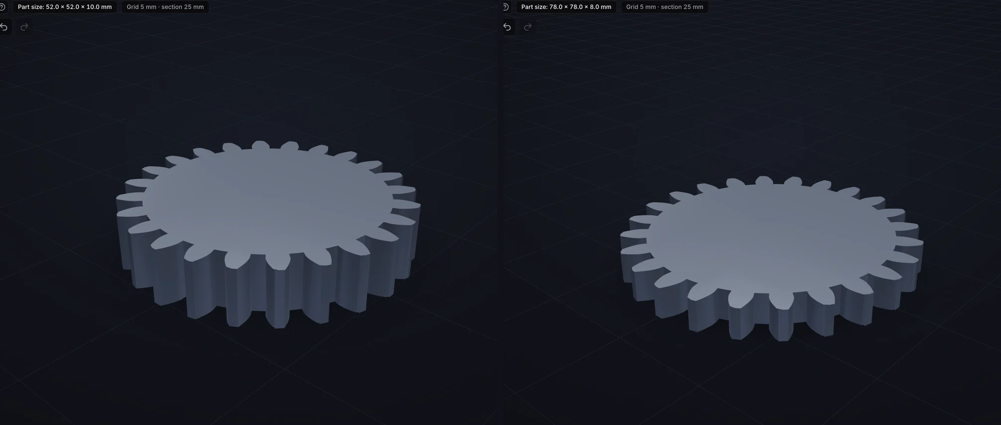 Two spur gears with 24 teeth side by side, module 1 on the left and module 3 on the right