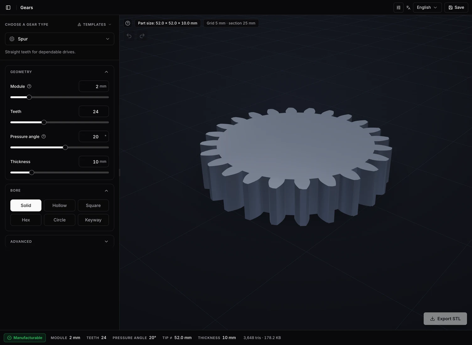 Spur gear in the GenerateSTL viewer with module, teeth and tip diameter in the status bar